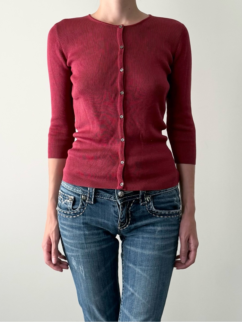 banana republic red 100% silk knit 3/4 sleeve cardigan